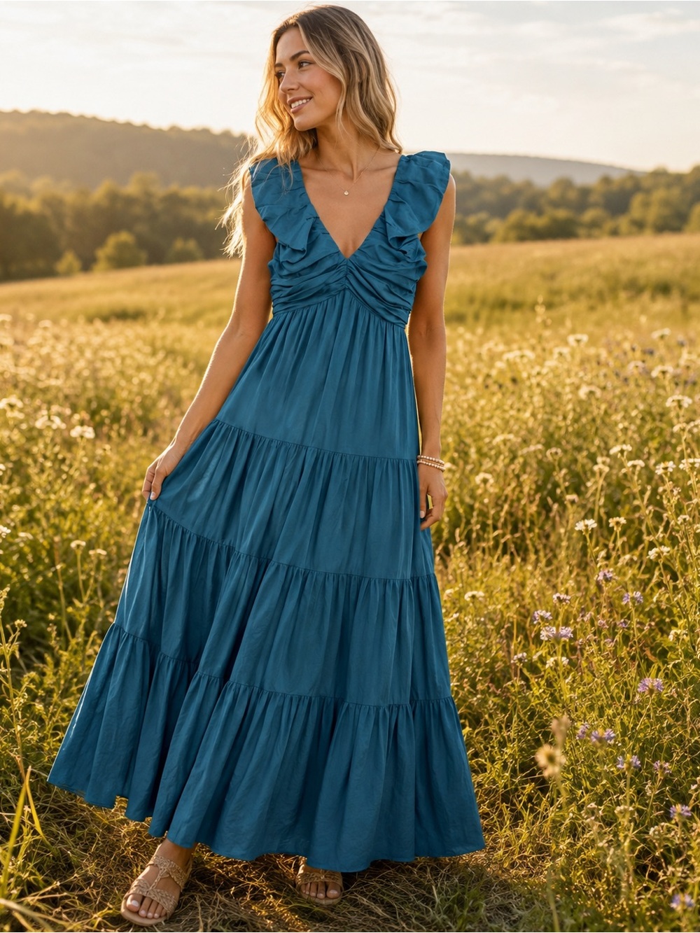 Nordstrom Teal Maxi Tiered V-Neck Dress